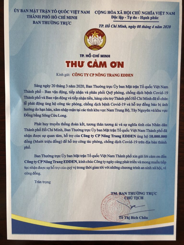 Eden Farm nhận thư cảm ơn từ Uỷ Ban Mặt Trận Tổ Quốc Việt Nam TP.HCM